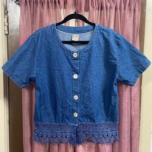 Vintage Blue Denim Button-Up Crop Top with Lace Hem